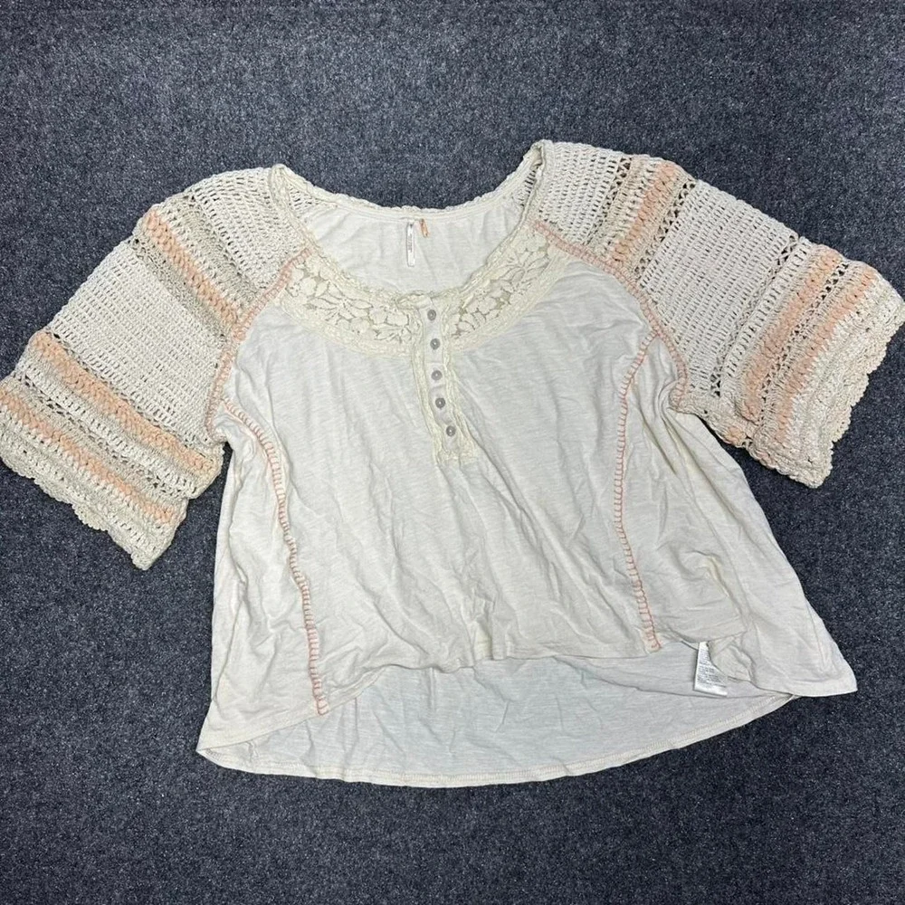 Free People Crochet Blouse XS Cream Oversized Indie Fairy Boho Top